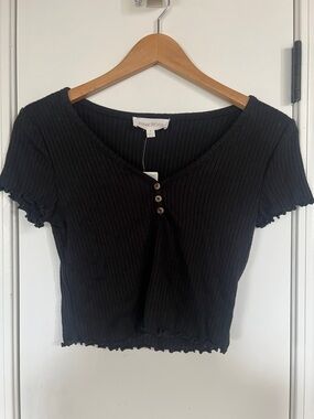 Pink Rose Black Ribbed Short Sleeve Button Crop Top
